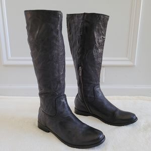 Frye Anna‎ Black Slouch Scrunch Mid Pull-On Flat Low Heel Leather Boots